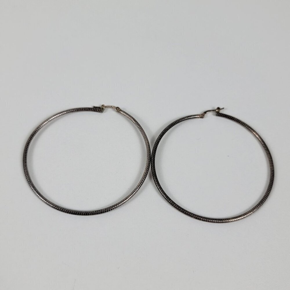 Vintage Sterling Silver Textured Hoop Earrings 2.5 In Hinged Pierced